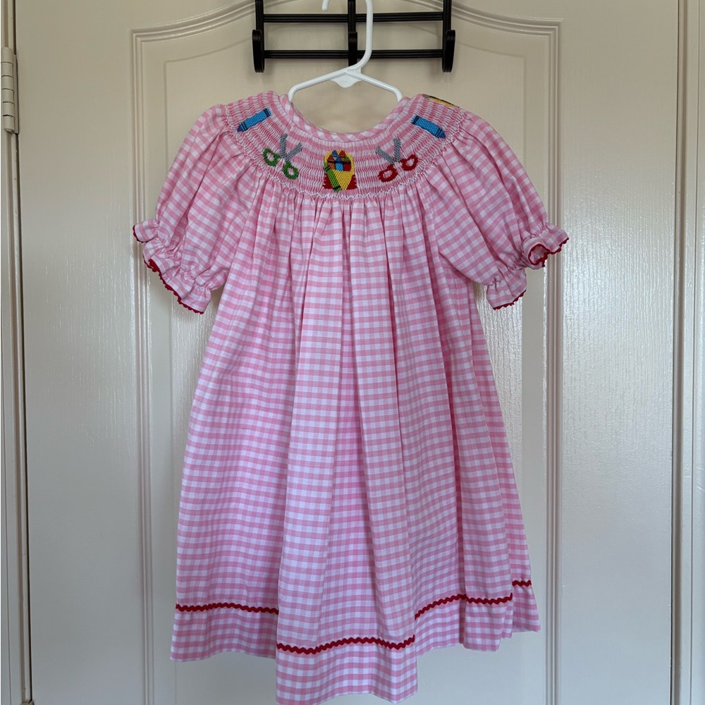 Silly Goose Hand Smocked Pink Gingham Back to School Embroidered Dress